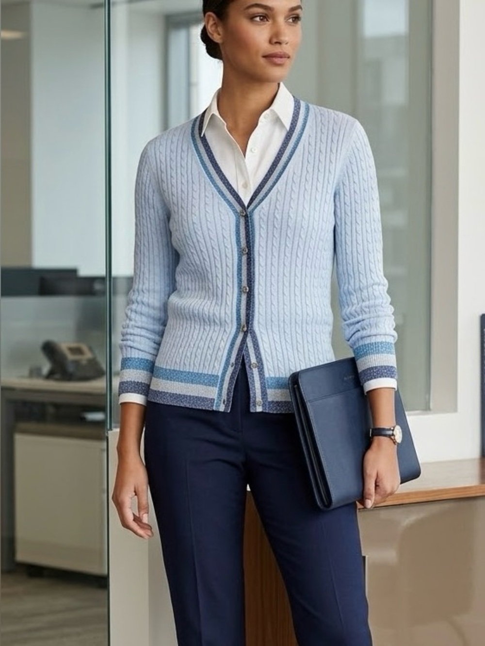 Brooks Brothers Powder Blue Cable-Knit V-Neck Cardigan with Navy Trim size m